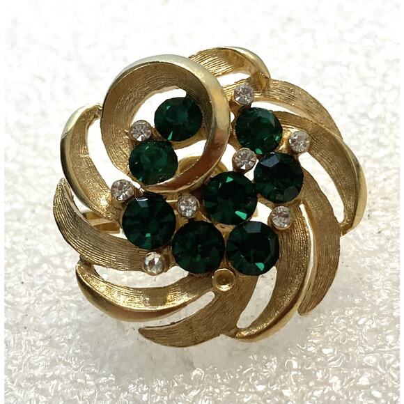 VTG CROWN TRIFARI RHINESTONE GREEN SPIRAL Gold Tone BROOCH EARRINGS SET - Picture 9 of 9